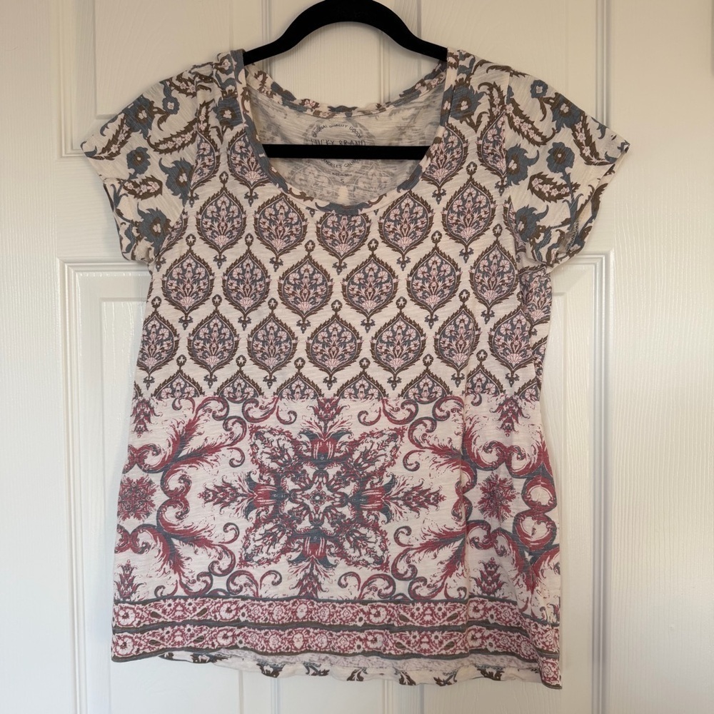 Lucky Brand Patterned Short Sleeve Tee Shirt Size Small